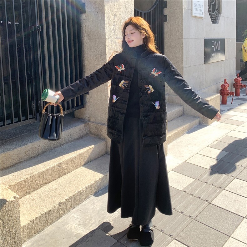 唐装风丝绒刺绣盘扣羽绒H8382P295K428,女装羽绒服,红龙果