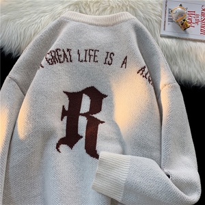 秋冬情侣款新款针织衫圆领毛衣男装港风宽松外套X5586-P75限98图片