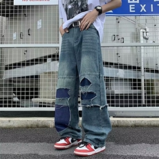 破洞牛仔裤男宽松潮牌直筒大码长裤春乞丐裤潮，男装牛仔裤，星座716-3
