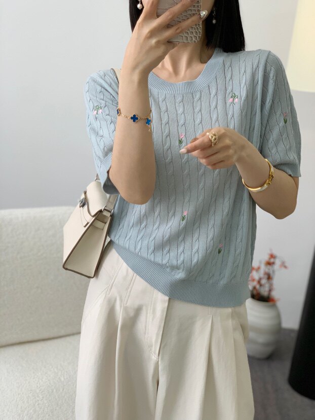 高档夏季新款t恤女短袖圆领宽松休闲正肩穿搭简约洋气小众ins,女装T恤,唐诺