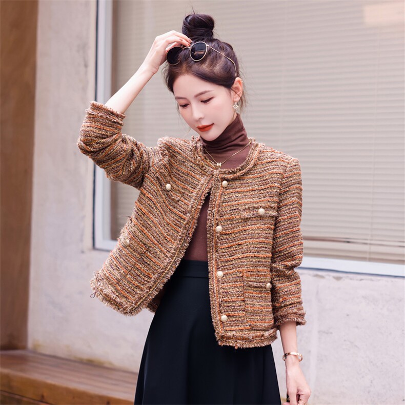【bao款现货】2024新款春季加厚粗花呢小香南瓜色外套含30毛,女装毛呢外套,雅静靓衣