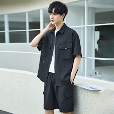 休闲套装男夏季薄款衬衫男士短袖短裤两件套衬衣帅气3388-P120，男装休闲套装，电商A355（原A415）