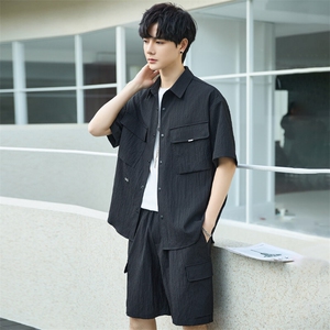 休闲套装男夏季薄款衬衫男士短袖短裤两件套衬衣帅气3388-P120图片