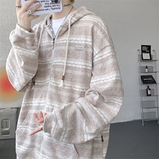 8XL-M潮情侣美式磨毛编织条纹针织衫卫衣宽松拉链外套WY30P88，男装针织衫/毛衣，电商D206-1