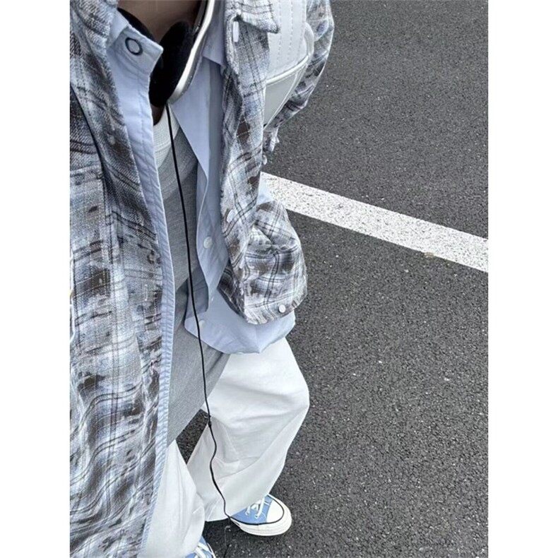 扎染格子衬衫男高级感痞帅新款叠穿内搭外套青少年格纹长袖衬衣图片