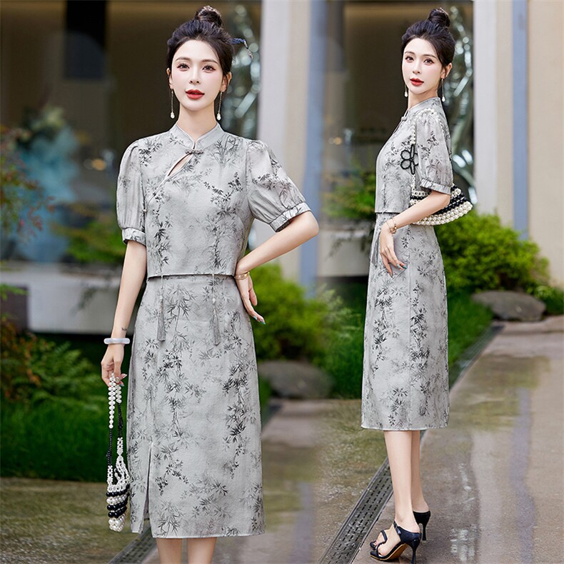 大码女装新中式国风旗袍套装夏装高级感盘扣半裙小衫时尚套装，女装套装/套裙，欣贝拉
