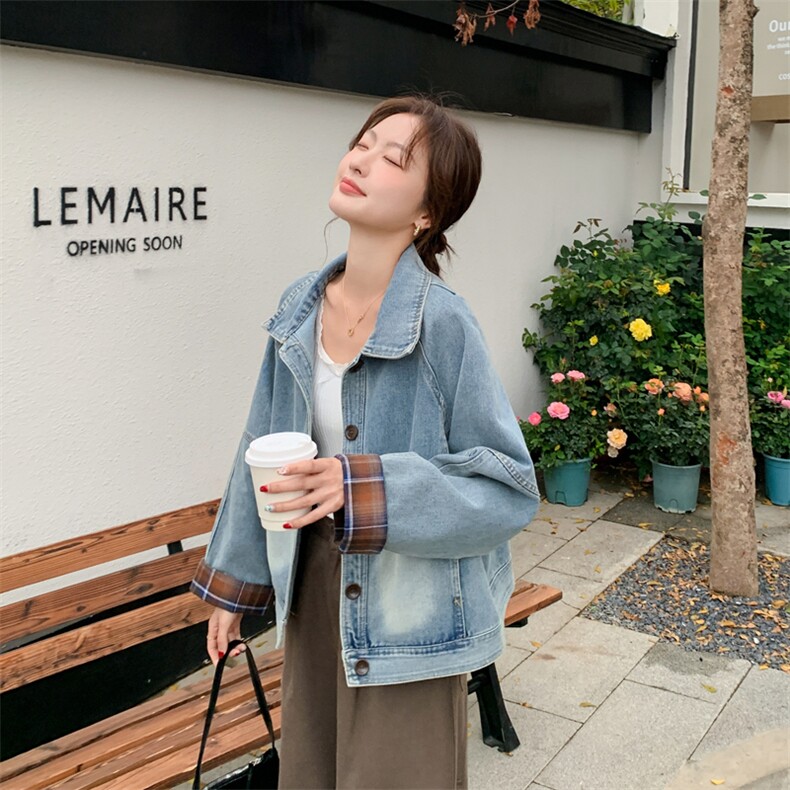 格子拼接牛仔外套女春秋2025新款百搭流行别致独特设计感夹克上衣，女装牛仔外套，慕依路