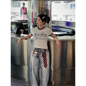 【现货】美食阔腿牛仔裤男女潮红色条纹领带珍珠 P63 YQ61图片