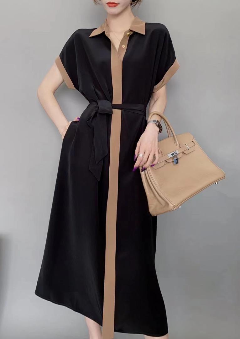 现货仿醋酸撞色连衣裙,女装连衣裙,迪蔓君翔