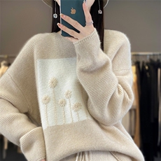 100%纯羊毛衫女圆领拼色绣花加厚长袖毛衣宽松慵懒羊绒衫打底上衣，女装羊毛衫，琳华羊绒