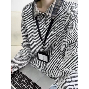秋季新款斜条纹感长袖老钱风格纹衬衫领针织POLO衫 WE10图片
