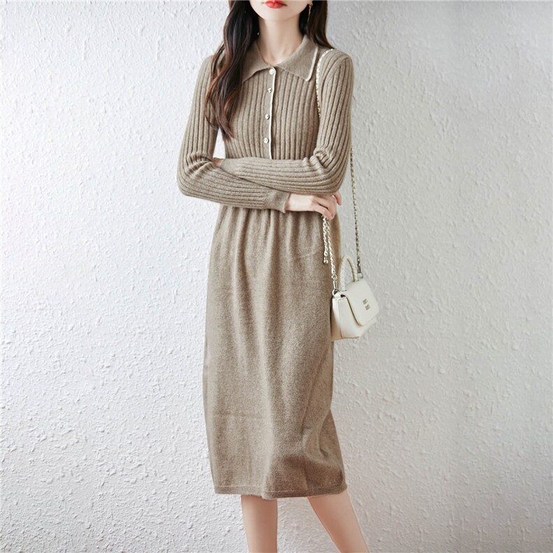 2025年秋季中长款长袖海军领时尚百搭通勤连衣裙，女装连衣裙，绒汀羊绒