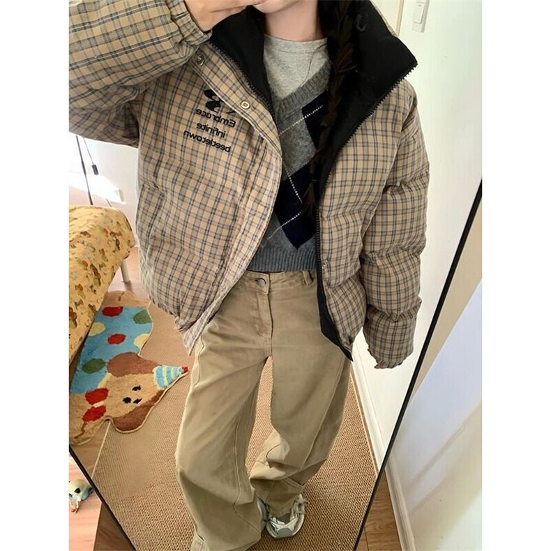 撞色格纹双面穿棉服女冬季慵懒风百搭防寒保暖面包服棉袄M7635,男装棉衣,星座1116A（原606A-3）