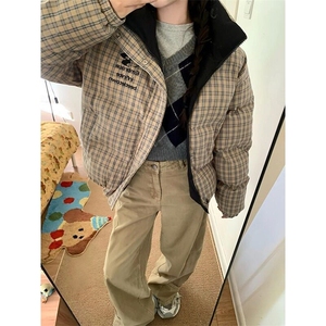 撞色格纹双面穿棉服女冬季慵懒风百搭防寒保暖面包服棉袄 M7635图片