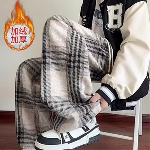网络图 毛呢小众格子裤男女秋冬加绒2025新款直筒休闲宽松拖地裤图片
