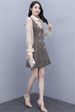 2021春季新款简约时优雅气质蕾丝拼接格子修身假两件套连衣裙，女装连衣裙，瑶迪依秀