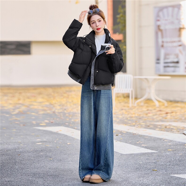 2025新款冬季牛仔拼接立领短款羽绒服外套,女装羽绒服,E百度