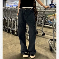 美式复古水洗多口袋工装牛仔裤女春秋款高街设计感高腰窄版直筒裤，男装休闲裤，星座813-2