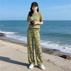 韩版时尚潮流套装女夏季新款个性简约圆领印花上衣阔腿长裤两件套，女装套装/套裙，江南