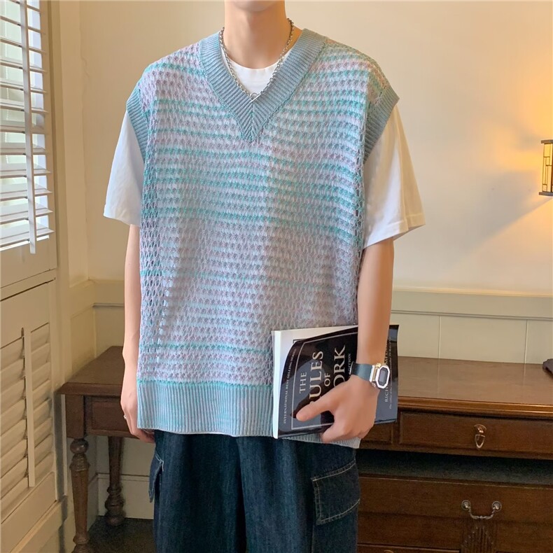 夏季新品设计师自制渐变镂空背心男女宽松美式无袖V领针织马甲薄，男装背心/马甲，星座716-2