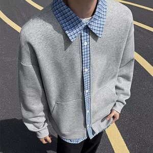 假两件格子拼接外套男新款美式卫衣开衫夹克AA90-P43图片
