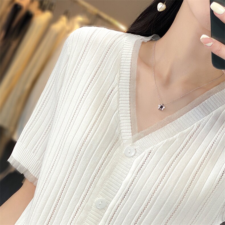 蕾丝开衫短袖t恤女夏季2025新款打底衫洋气女装冰丝针织上衣,针织衫/毛衣,思牵羊绒