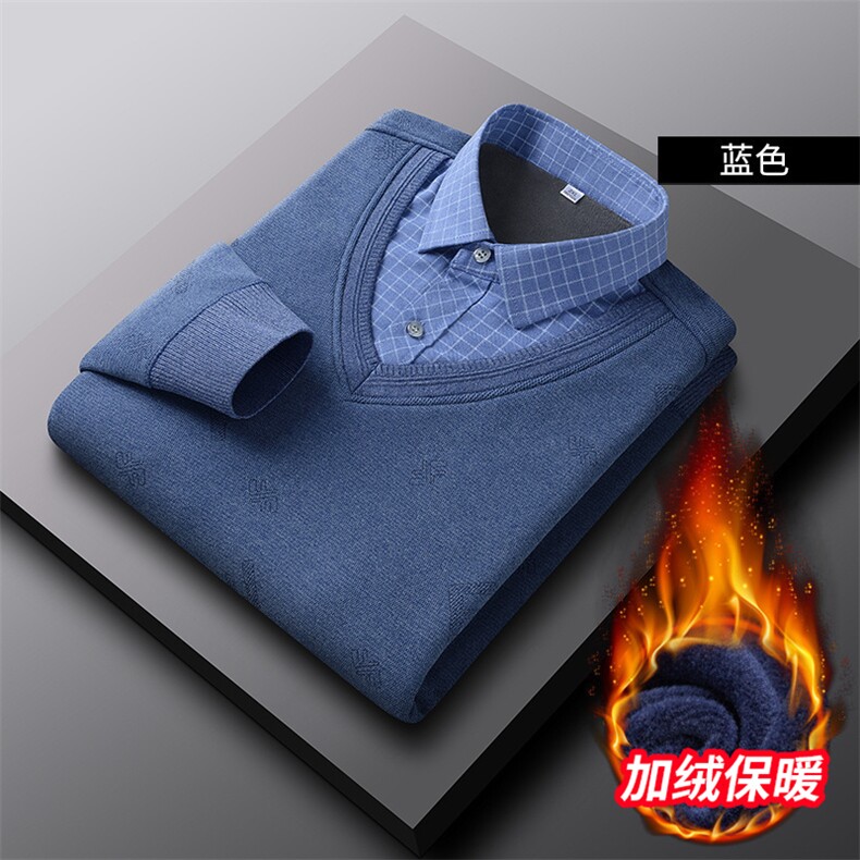 秋冬季新款2022POLO衫加绒加厚假两件男士长袖休闲百搭T恤P68,男装T恤,钱塘6003（原4033）