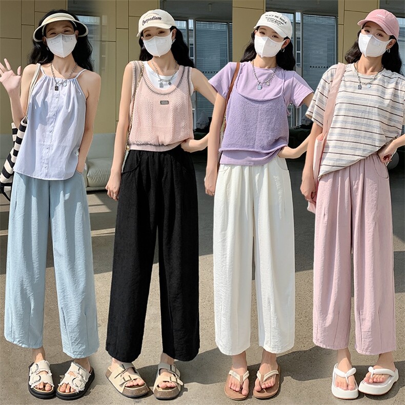 白色奶奶裤女夏季2024新款高腰休闲阔腿小个子九分冰丝萝卜裤，女装休闲裤，梦白服饰厂