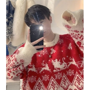 毛衣圆领针织衫男生秋冬毛衣仿貂绒款圣诞节慵懒风毛线衣 MY1706图片