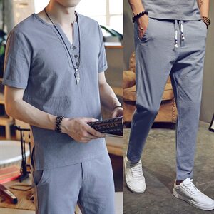 DY05*男士棉麻短袖T恤套装九分裤亚麻料休闲两件套装男*P55 更图片