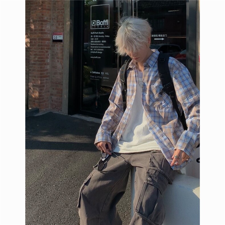 撞色拼接格子长袖衬衫男女春夏防晒宽松休闲衬衣外套CS11,男装防晒衣,星座1116A-1（原606A）