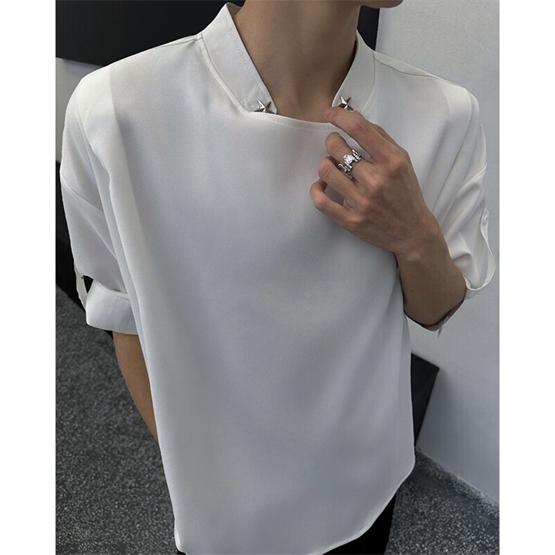 夏季高品质星星装饰不规则立领衬衫打底简约时尚打底衬衫T恤P40,男装衬衫,电商B319