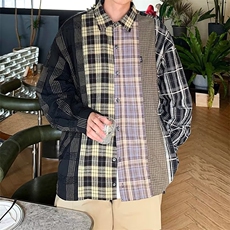 欧美潮牌情侣衫美式复古拼接格子长袖衬衫外套男上衣W3484-P50，男装衬衫，星座512-2