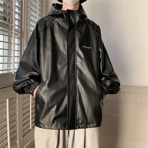 港风连帽鳄鱼纹PU皮衣大码情侣休闲冲锋衣夹克男JK8744P90控128