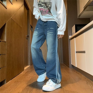 条纹牛仔裤男春季美式高街vibe阔腿长裤潮牌复古水洗直筒休闲裤子图片