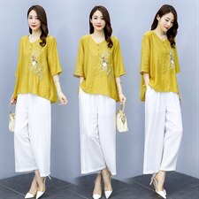 2021夏季新款简约气质圆领宽松休闲舒适时尚图案刺绣棉麻两件套，女装套装/套裙，韩宇舍