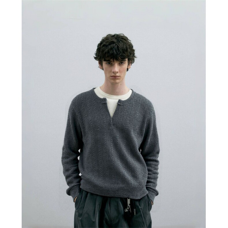 2025秋上新秋冬款慵懒风肌理绞花V领毛衣简约复古宽松美式针织衫，男装针织衫/毛衣，星座112A