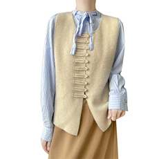 复古中国风100%羊毛衫女圆领盘扣无袖背心马甲宽松叠穿羊绒衫坎肩，女装马甲，美雪羊绒