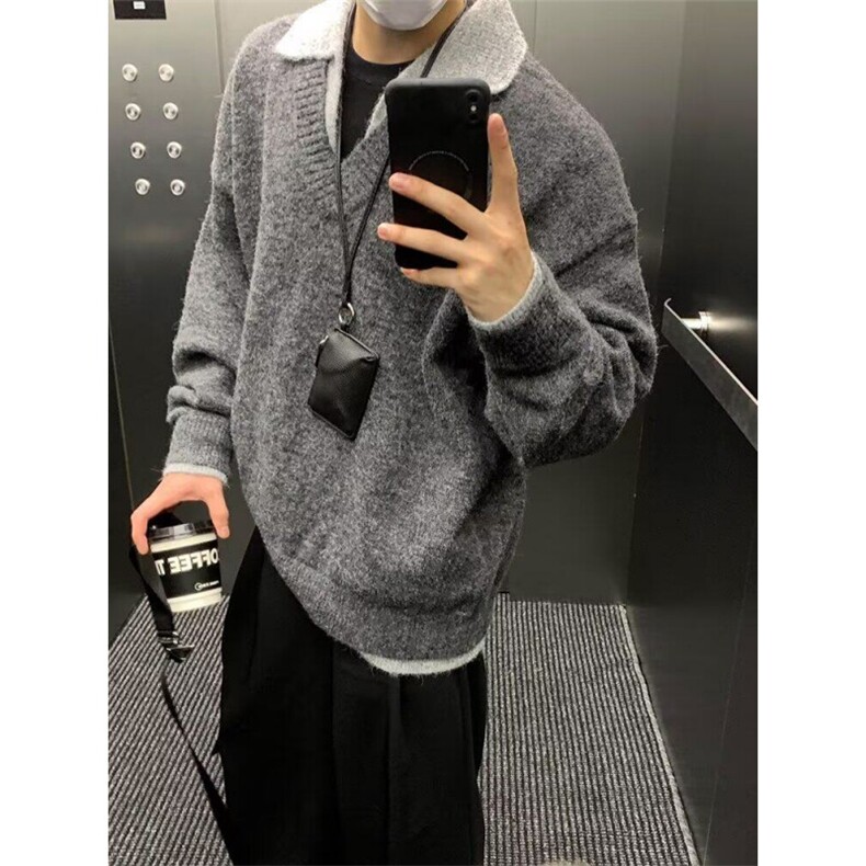 1014-1-KF5012-P68-美式复古假两件v领毛衣男款冬季翻领老钱风,男装针织衫/毛衣,星座1014-1