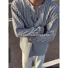 QC3273-P34秋季肌理感小V领长袖t恤男款轻薄美式慵懒风卫衣，男装T恤，电商B323A