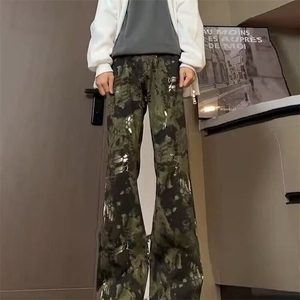 美式高街迷彩蛇纹牛仔裤男女潮牌帅气炸街裤子高腰修身显瘦微喇裤图片