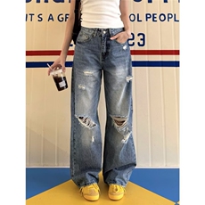 新款潮流破洞牛仔裤夏季新款宽松直筒阔腿美式高街潮牌B0028，男装牛仔裤，星座208-5