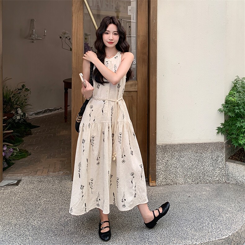 独特减龄感系带收腰印花挂脖连衣裙女夏2025新款绝美慵懒长裙及踝,女装连衣裙,2D034