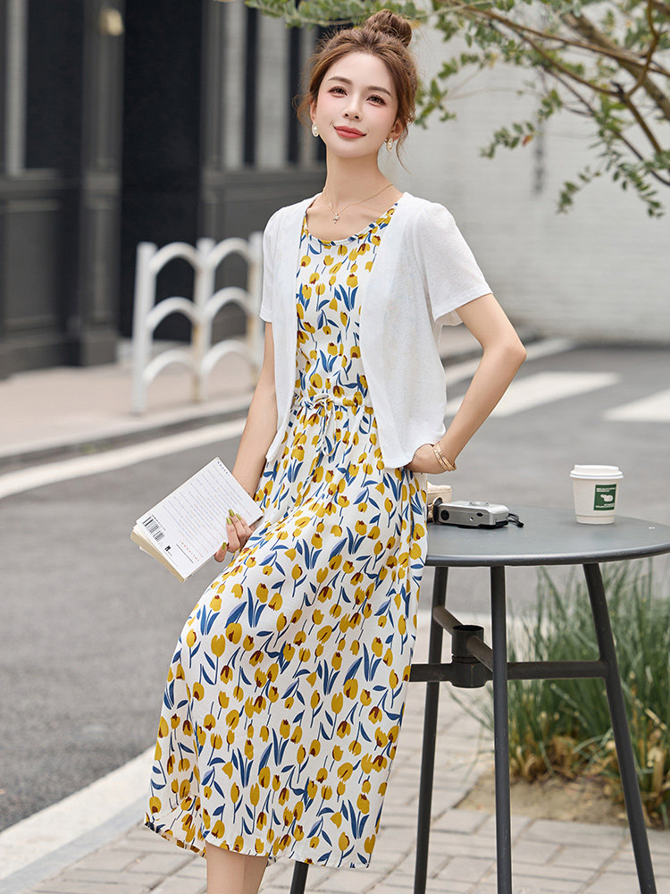 度假风时尚套装女2025夏季新款披肩外套无袖连衣裙两件套,女装套装/套裙,众宇琦
