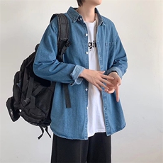 牛仔衬衫男长袖春秋韩版潮流帅气休闲外套痞帅蓝色衬衣男X325/P45，男装衬衫，星座506