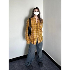 2025美式复古多巴胺黄色格子衬衫男女高街衬衣开衫长袖外套上衣，男装衬衫，星座506A