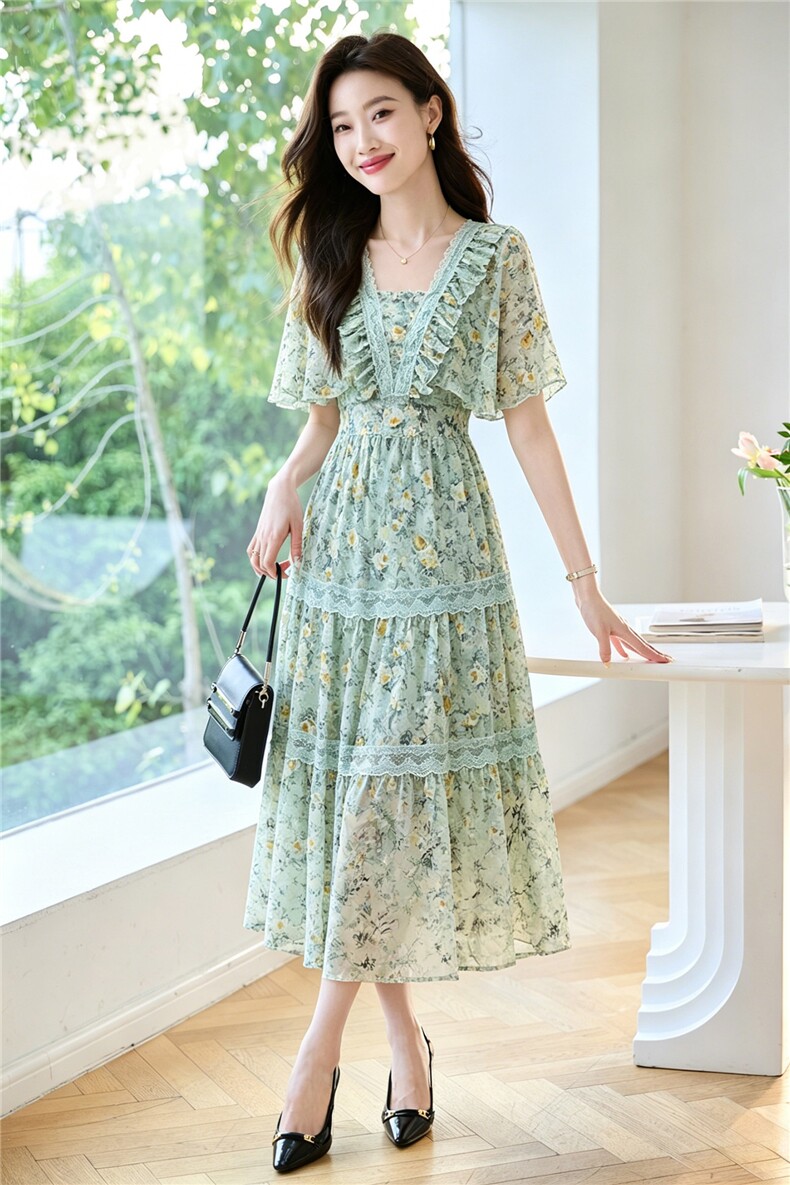 法式减龄小碎花连衣裙女2026夏新款修身收腰度假风气质长裙,女装连衣裙,妙形