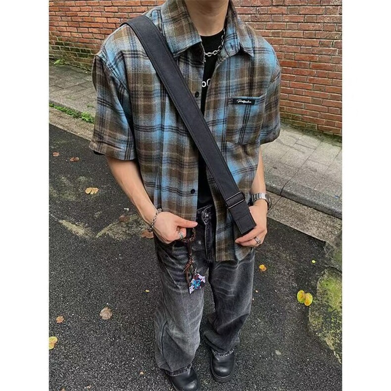 美式复古格子短袖衬衫男夏季薄款慵懒风百搭潮流宽松衬衣CV150,男装T恤,星座1116A（原606A-3）