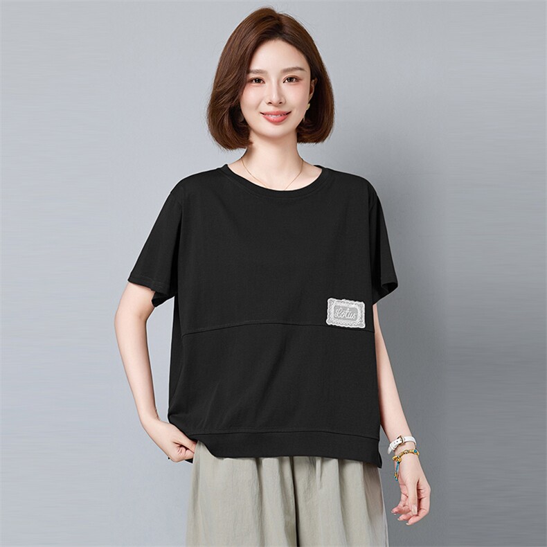 短袖T恤女夏季2025年新款中年妈妈大码宽松休闲圆领百搭体恤上衣,女装T恤,秋牧寒烟