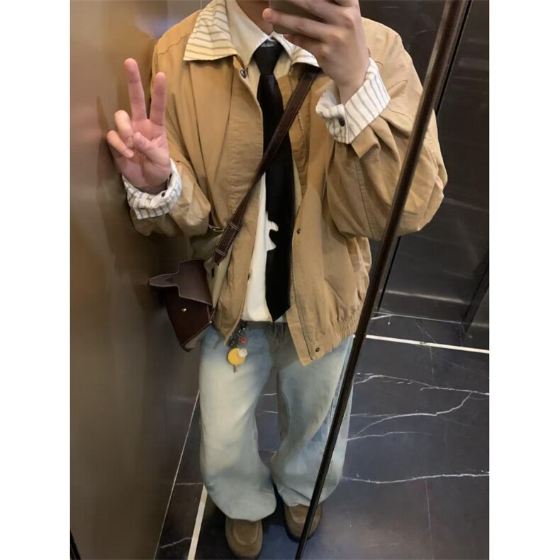 网图条纹拼接假两件外套男美式复古廓形飞行员夹克JKT15-特P68,男装夹克,星座1007（原301D）